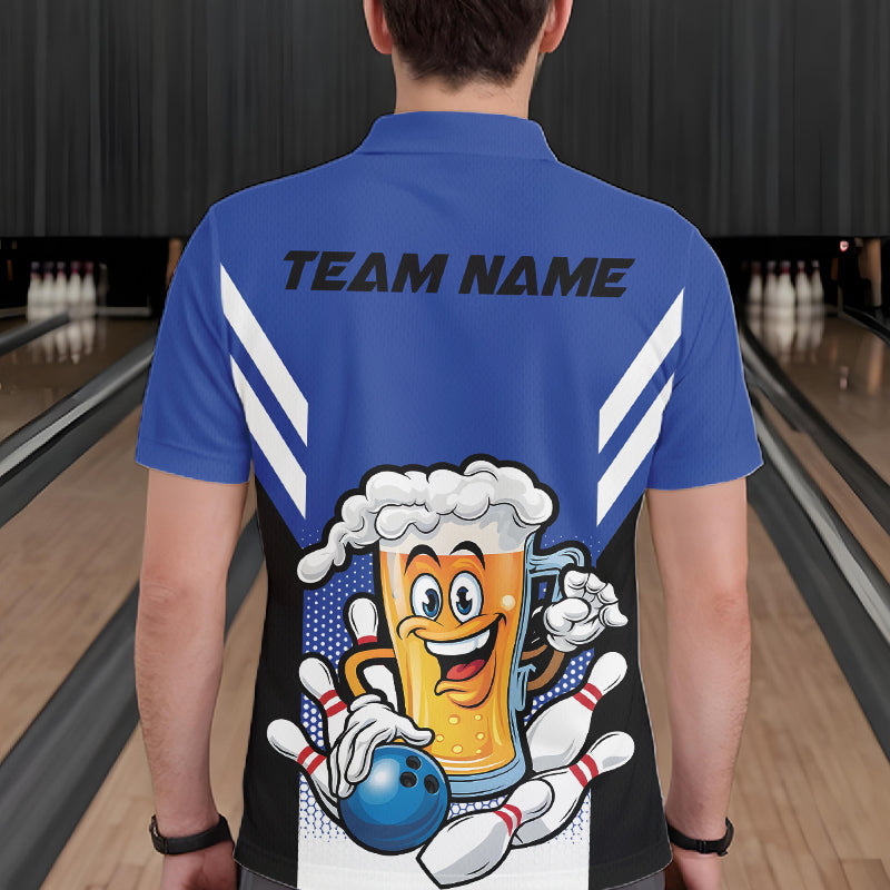 Custom Funny Blue Bowling Jerseys Bowling And Beer Men Polo Shirts, Bowling Jerseys IPHW10541