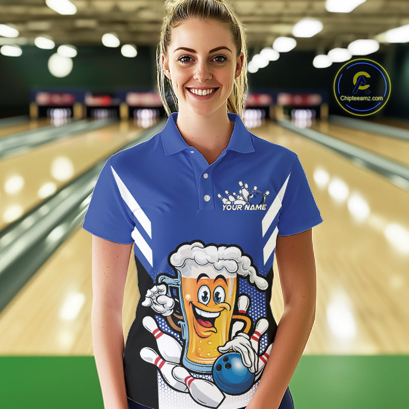 Custom Funny Blue Bowling Jerseys Bowling And Beer Women Polo Shirts, Bowling Jerseys IPHW10541