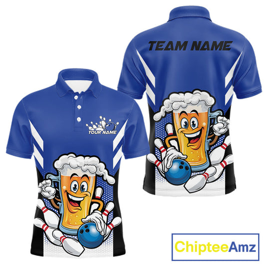 Custom Funny Blue Bowling Jerseys Bowling And Beer Men Polo Shirts, Bowling Jerseys IPHW10541