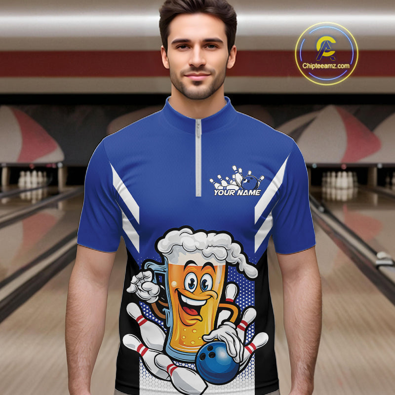 Custom Funny Blue Bowling Jerseys Bowling And Beer Men Quarter-Zip Shirts, Bowling Jerseys IPHW10541