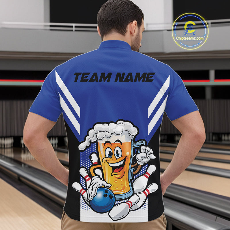 Custom Funny Blue Bowling Jerseys Bowling And Beer Men Quarter-Zip Shirts, Bowling Jerseys IPHW10541
