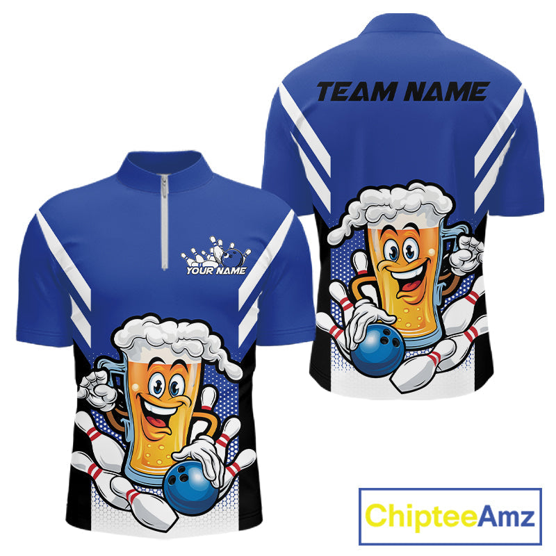 Custom Funny Blue Bowling Jerseys Bowling And Beer Men Quarter-Zip Shirts, Bowling Jerseys IPHW10541