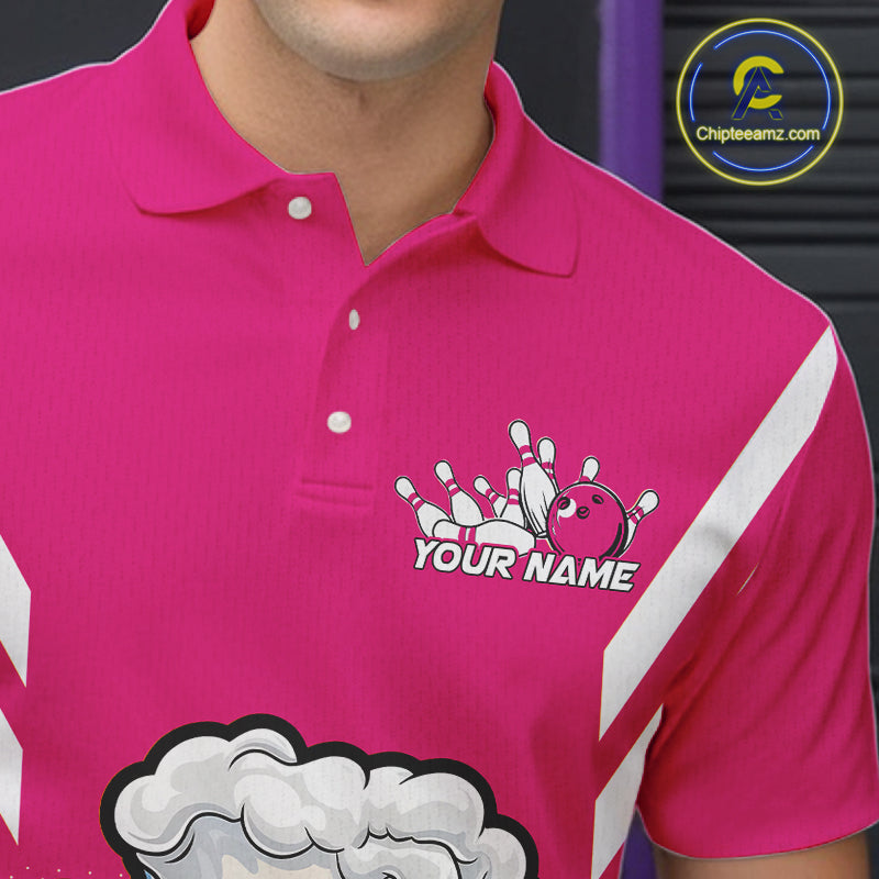 Custom Funny Pink Bowling Jerseys Bowling And Beer Men Polo Shirts, Bowling Jerseys IPHW10542