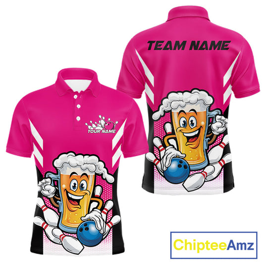Custom Funny Pink Bowling Jerseys Bowling And Beer Men Polo Shirts, Bowling Jerseys IPHW10542