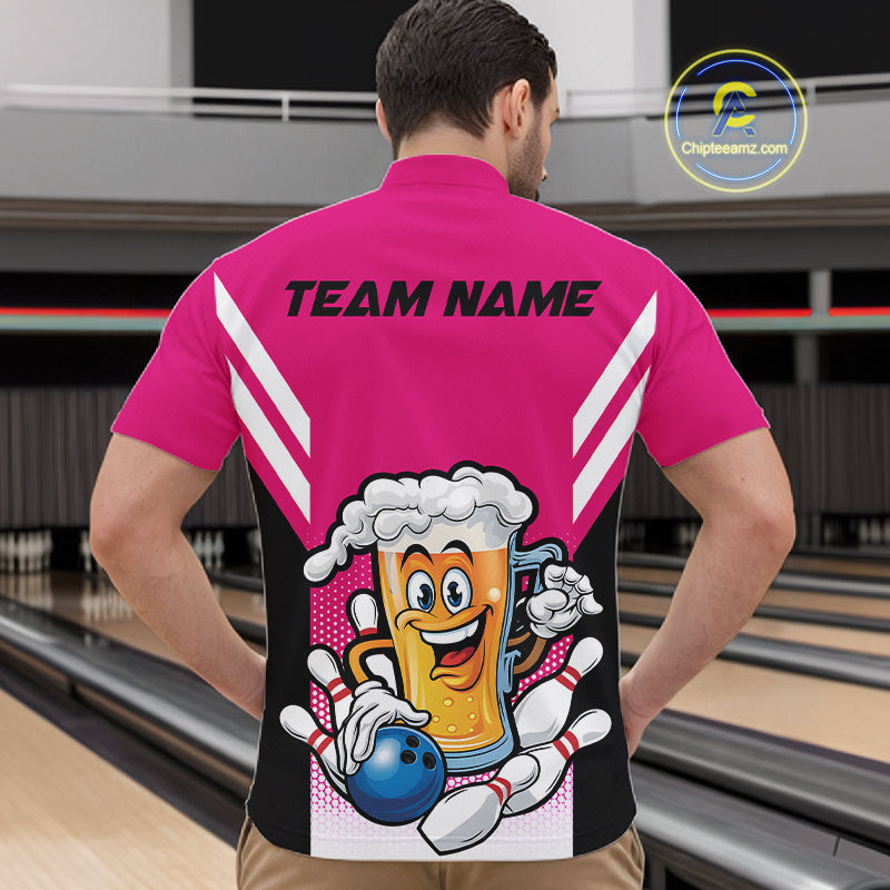 Custom Funny Pink Bowling Jerseys Bowling And Beer Men Quarter-Zip Shirts, Bowling Jerseys IPHW10542