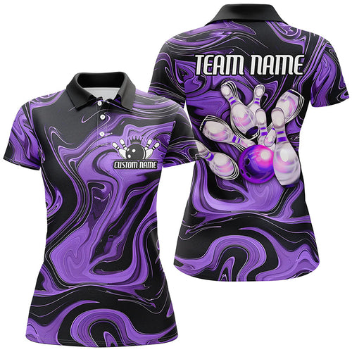 Purple Bowling Ball And Pins Custom Bowling Team Shirts For Women, Ladies Bowlers Outfit IPHW6173
