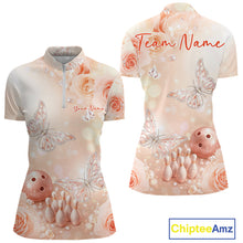 Load image into Gallery viewer, Custom Elegant Light Peach Roses And Butterfly Women Bowling Quarter-Zip Team Shirts IPHW11060