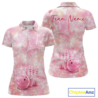 Front and back mockup of a women’s bowling polo shirt featuring pink glitter butterflies, diamonds, bowling pins, and a bowling ball motif.