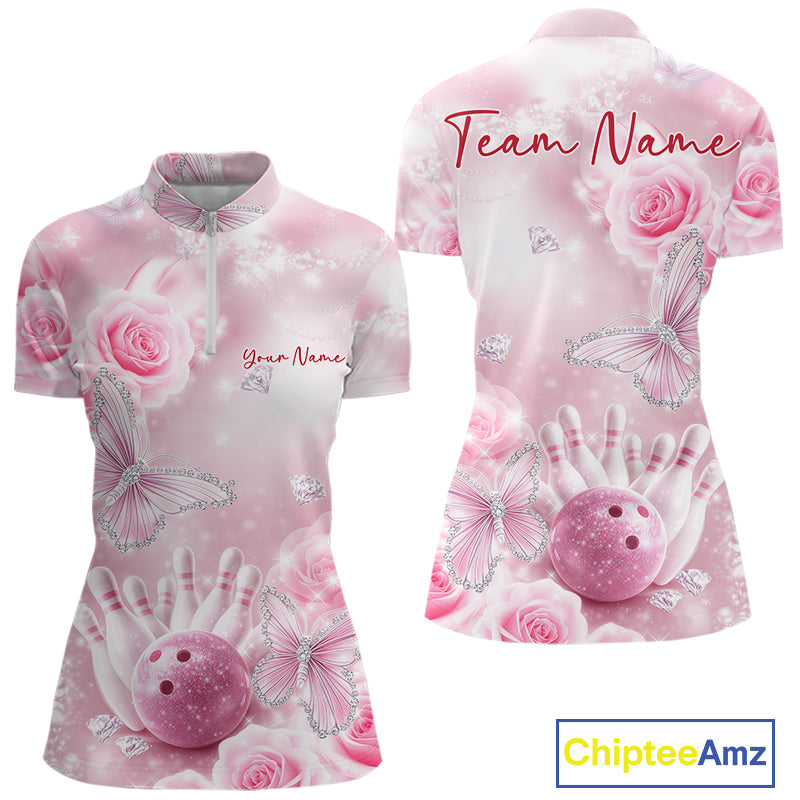 Front and back mockup of a women’s bowling quarter-zip shirt adorned with pink glitter butterflies, roses, bowling pins, and a bowling ball design.