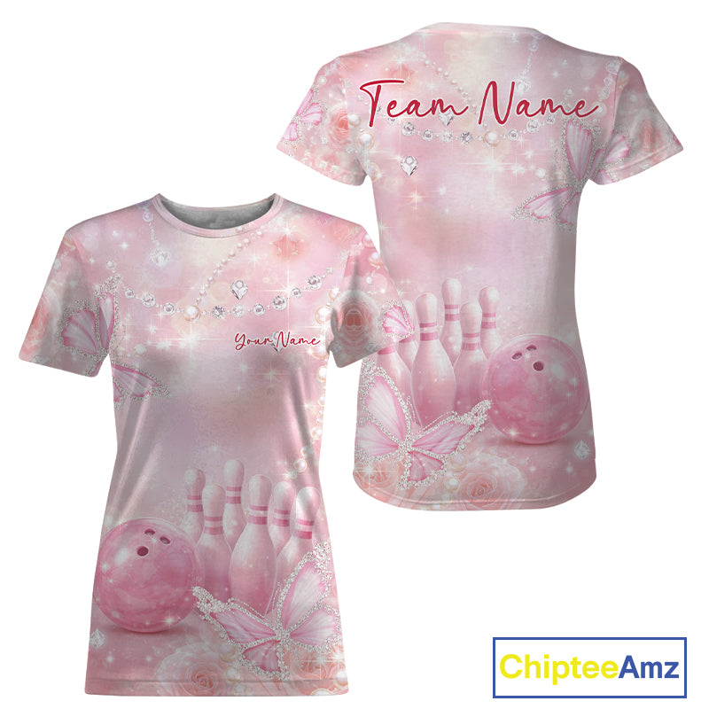 Women’s crewneck bowling shirt displayed from front and back with glitter butterfly artwork, roses, bowling pins, and a bowling ball centerpiece.