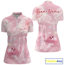 Load image into Gallery viewer, Women’s bowling quarter-zip mockup shown from front and back with sparkling pink butterflies, roses, bowling pins, and a bowling ball illustration.