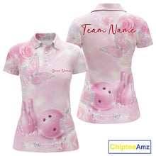 Load image into Gallery viewer, Front and back mockup of a women’s bowling polo shirt featuring pink glitter butterflies, roses, bowling pins, and a bowling ball motif.
