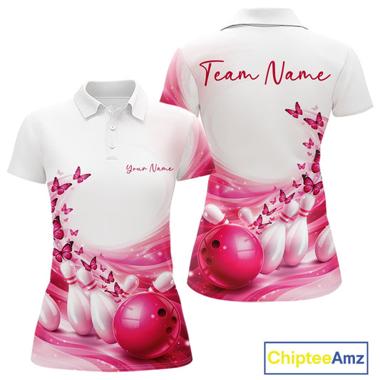 Front and back view of a women s white and pink bowling polo shirt with butterfly artwork and bowling-themed graphics.