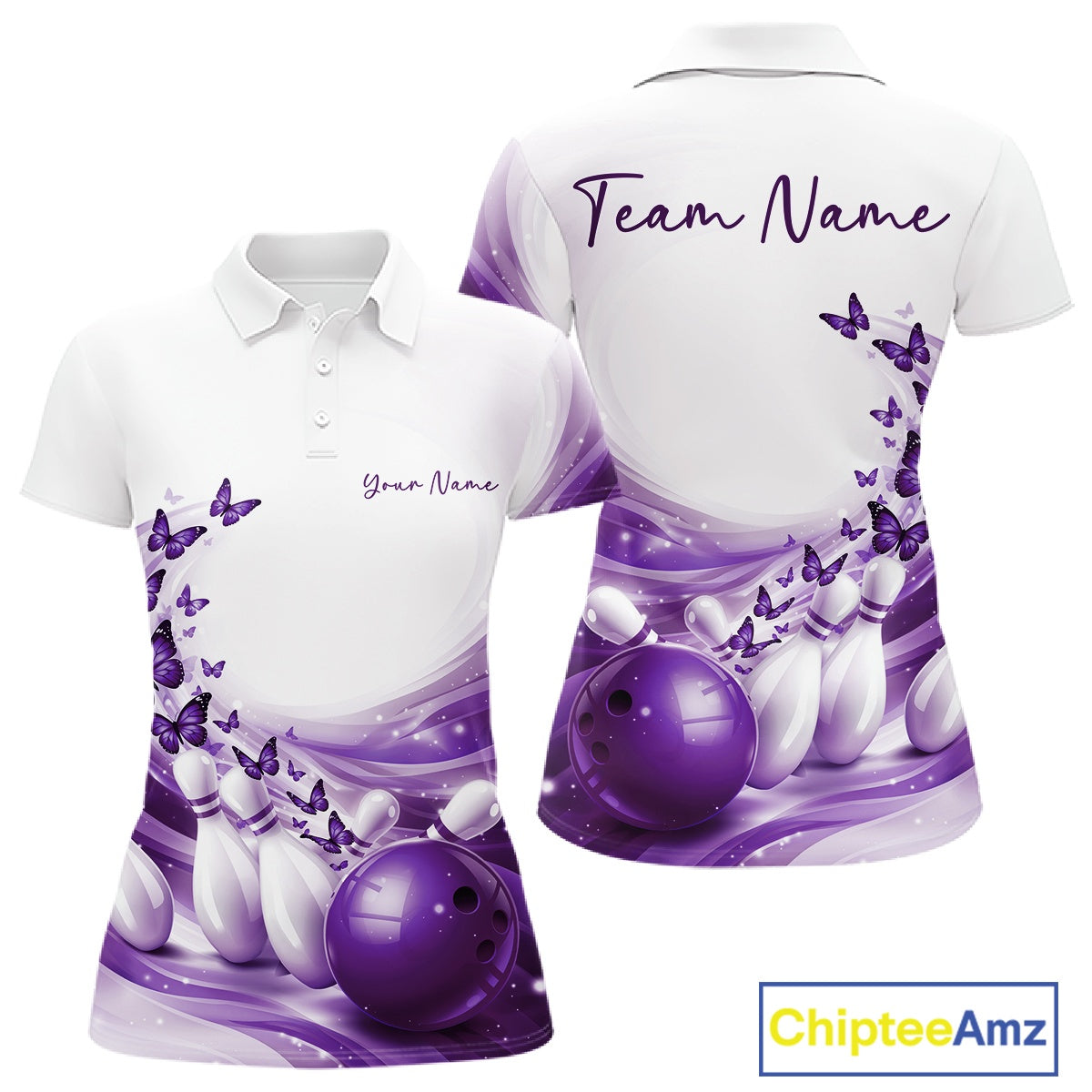Women s white and purple bowling polo shirt mockup shown from front and back with butterfly artwork and bowling-themed graphics.