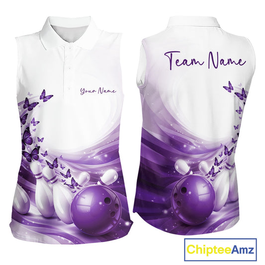 Custom Purple Butterfly Bowling Women Sleeveless Polo Shirt, Ladies Bowling Team Outfits IPHW11349