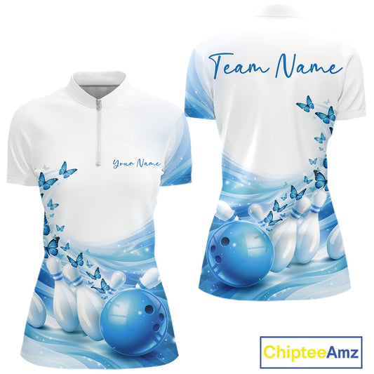 Front and back mockup of a women s white and blue bowling quarter zip featuring butterfly artwork and bowling-themed graphics.