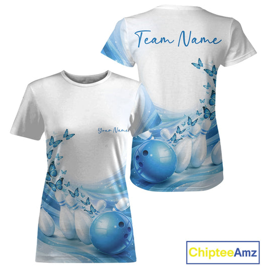 Custom Blue Butterfly Bowling Women T-Shirts, Ladies Bowling Team Outfits IPHW11350