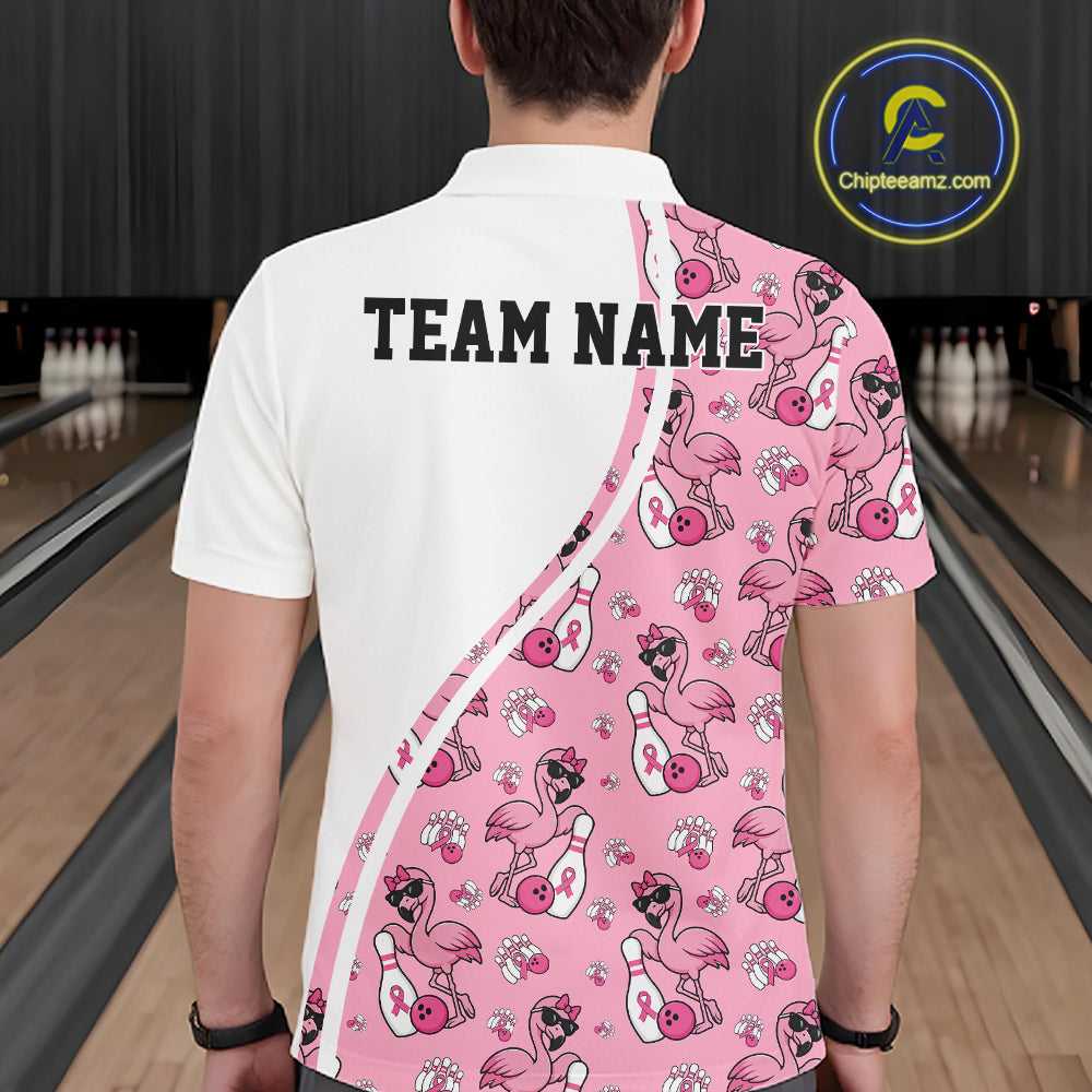 Custom Cute Pink Flamingo Breast Cancer Awareness Bowling Men Polo Shirt IPHW11941
