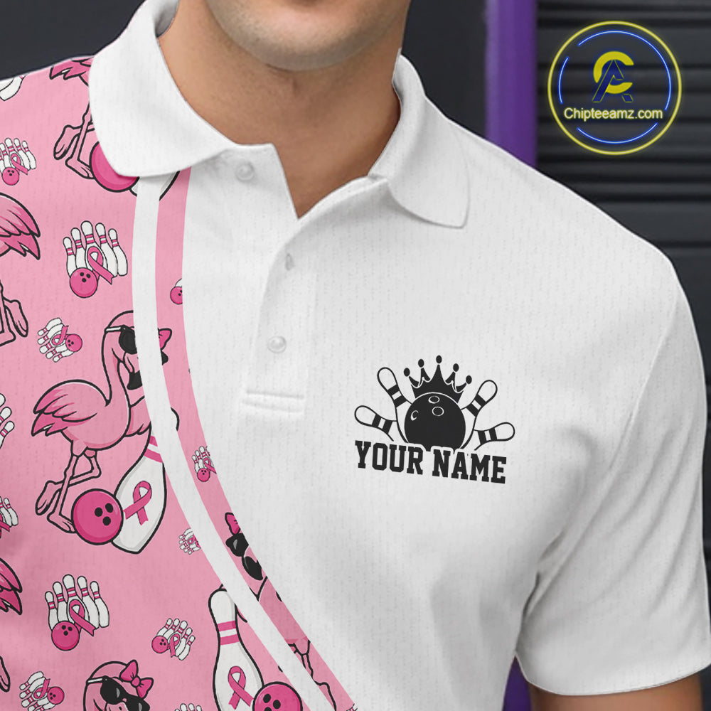 Custom Cute Pink Flamingo Breast Cancer Awareness Bowling Men Polo Shirt IPHW11941