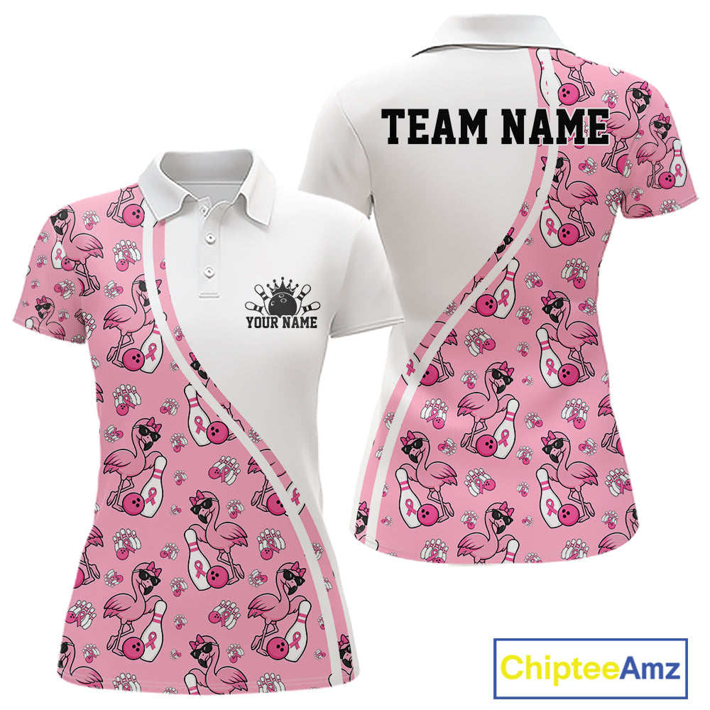 Custom Cute Pink Flamingo Breast Cancer Awareness Bowling Women Polo Shirt IPHW11941