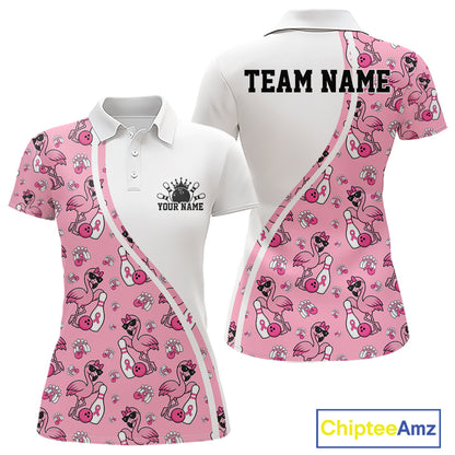 Custom Cute Pink Flamingo Breast Cancer Awareness Bowling Women Polo Shirt IPHW11941