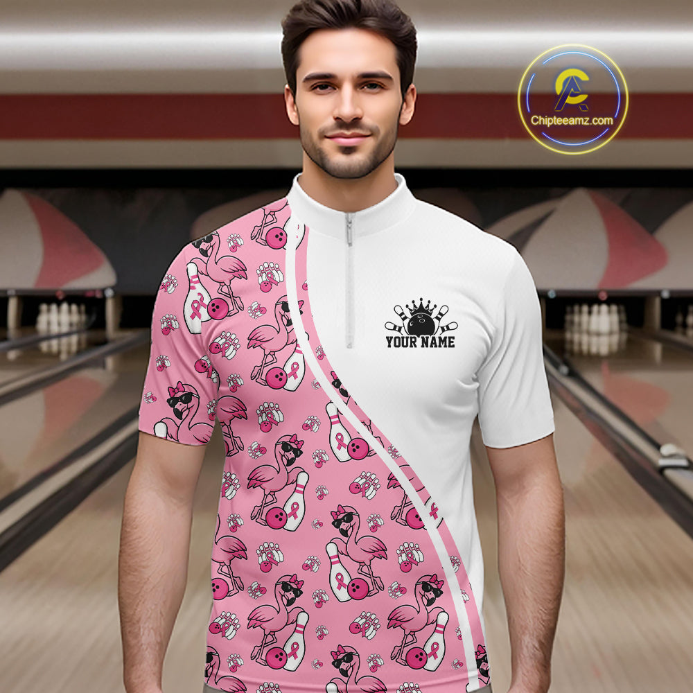 Custom Cute Pink Flamingo Breast Cancer Awareness Bowling Men Quarter Zip Shirt IPHW11941