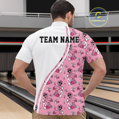 Custom Cute Pink Flamingo Breast Cancer Awareness Bowling Men Quarter Zip Shirt IPHW11941