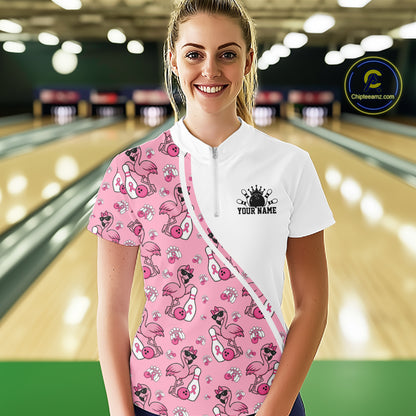 Custom Cute Pink Flamingo Breast Cancer Awareness Bowling Women Quarter-Zip Shirt IPHW11941