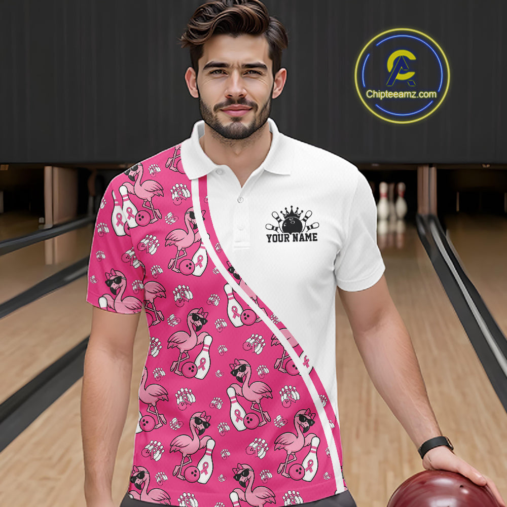 Custom Cute Hot Pink Flamingo Breast Cancer Awareness Bowling Men Polo Shirt IPHW11942