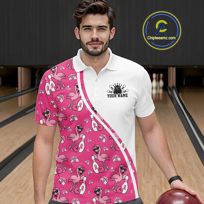 Custom Cute Hot Pink Flamingo Breast Cancer Awareness Bowling Men Polo Shirt IPHW11942
