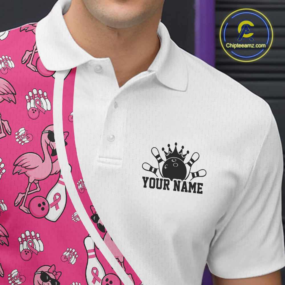 Custom Cute Hot Pink Flamingo Breast Cancer Awareness Bowling Men Polo Shirt IPHW11942