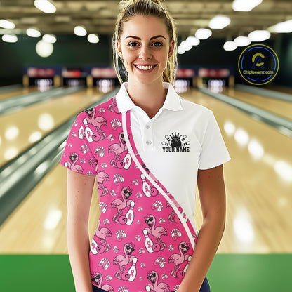 Custom Cute Hot Pink Flamingo Breast Cancer Awareness Bowling Women Polo Shirt IPHW11942