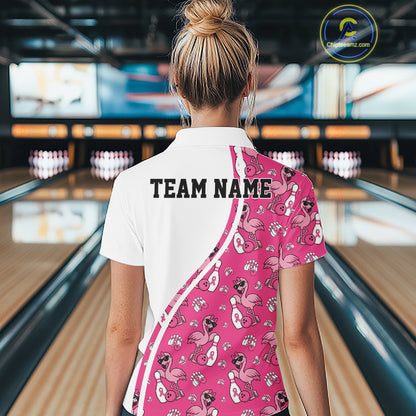 Custom Cute Hot Pink Flamingo Breast Cancer Awareness Bowling Women Polo Shirt IPHW11942