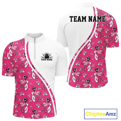 Custom Cute Hot Pink Flamingo Breast Cancer Awareness Bowling Men Quarter Zip Shirt IPHW11942