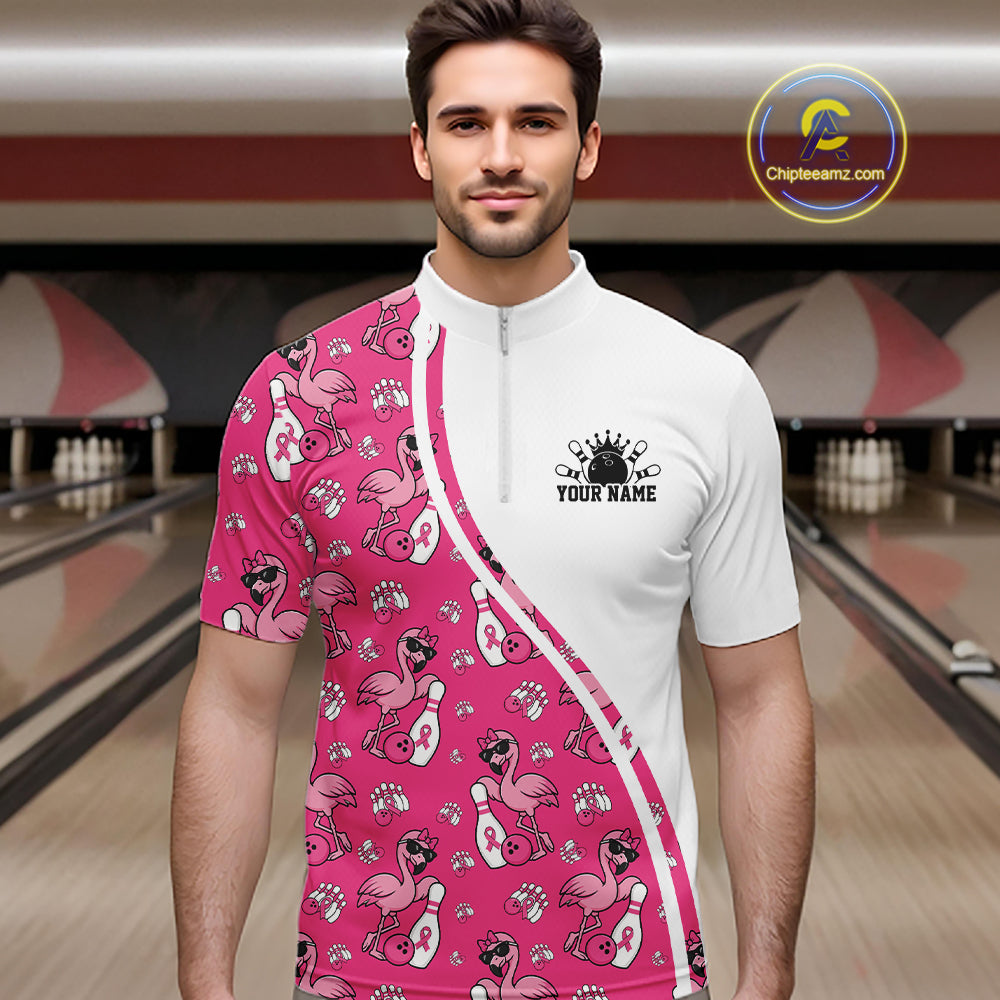 Custom Cute Hot Pink Flamingo Breast Cancer Awareness Bowling Men Quarter Zip Shirt IPHW11942