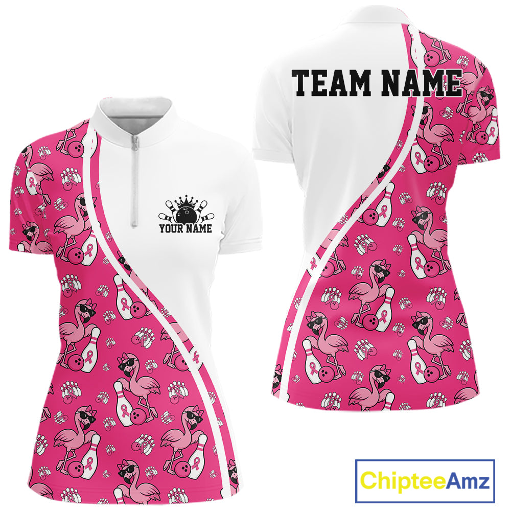 Custom Cute Hot Pink Flamingo Breast Cancer Awareness Bowling Women Quarter-Zip Shirt IPHW11942