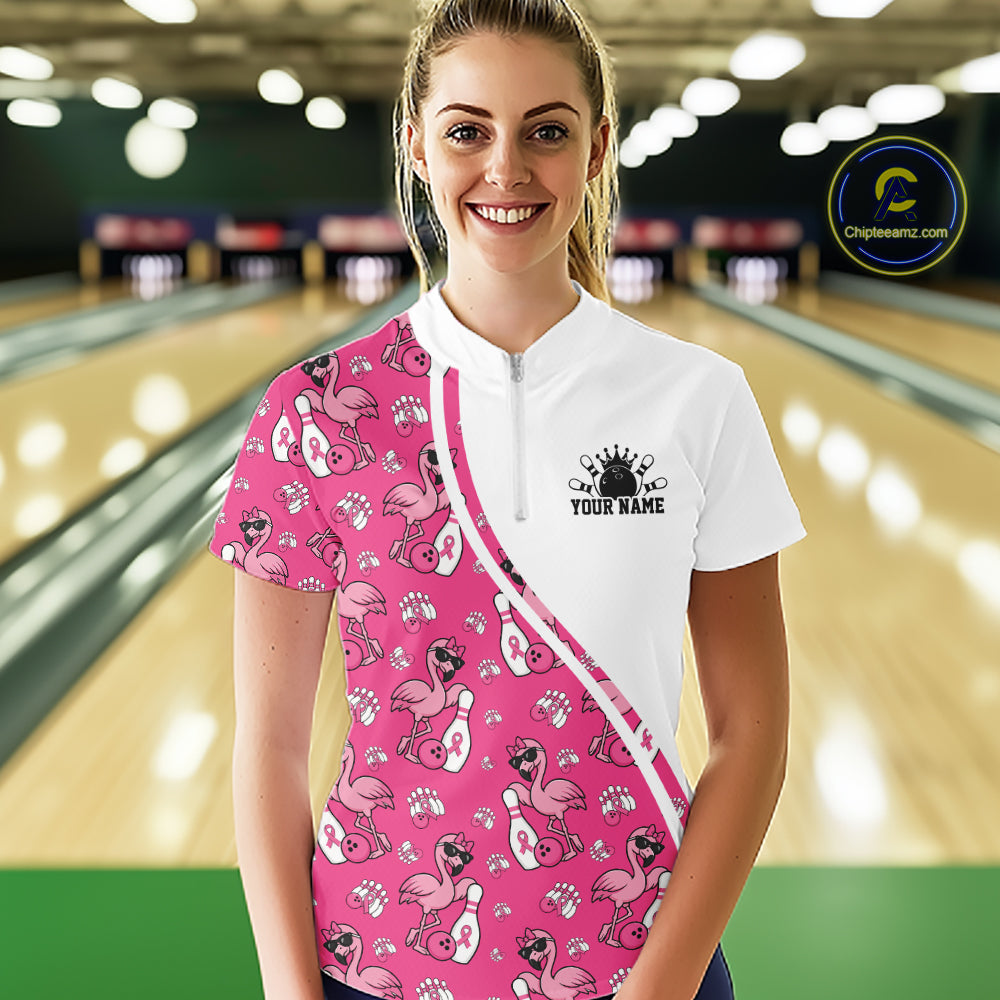 Custom Cute Hot Pink Flamingo Breast Cancer Awareness Bowling Women Quarter-Zip Shirt IPHW11942