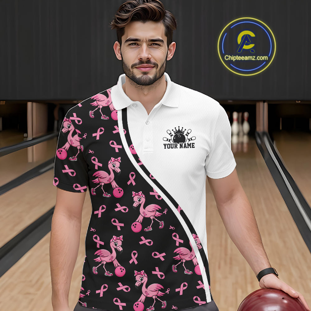 Custom Pink Ribbon Breast Cancer Awareness Bowling Men Polo Shirt IPHW11943