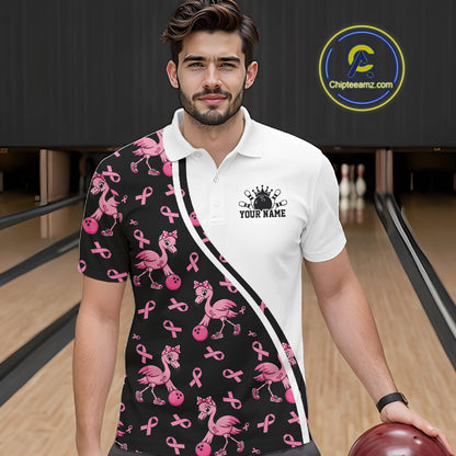 Custom Pink Ribbon Breast Cancer Awareness Bowling Men Polo Shirt IPHW11943