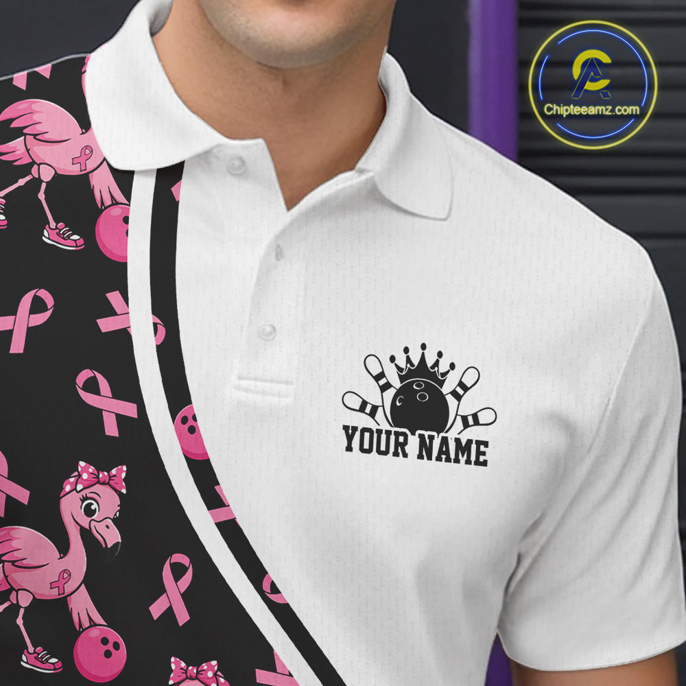 Custom Pink Ribbon Breast Cancer Awareness Bowling Men Polo Shirt IPHW11943
