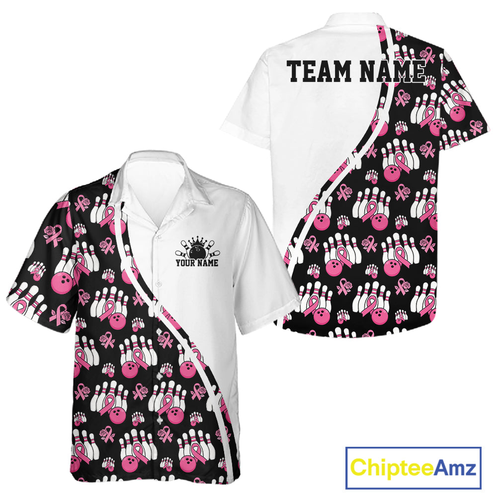 Custom Pink Ribbon Breast Cancer Awareness Bowling Men And Women Button Up Shirt IPHW11944