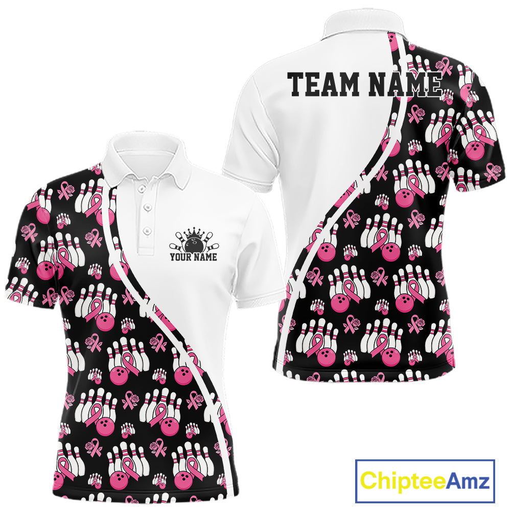 Custom Pink Ribbon Breast Cancer Awareness Bowling Men Polo Shirt IPHW11944
