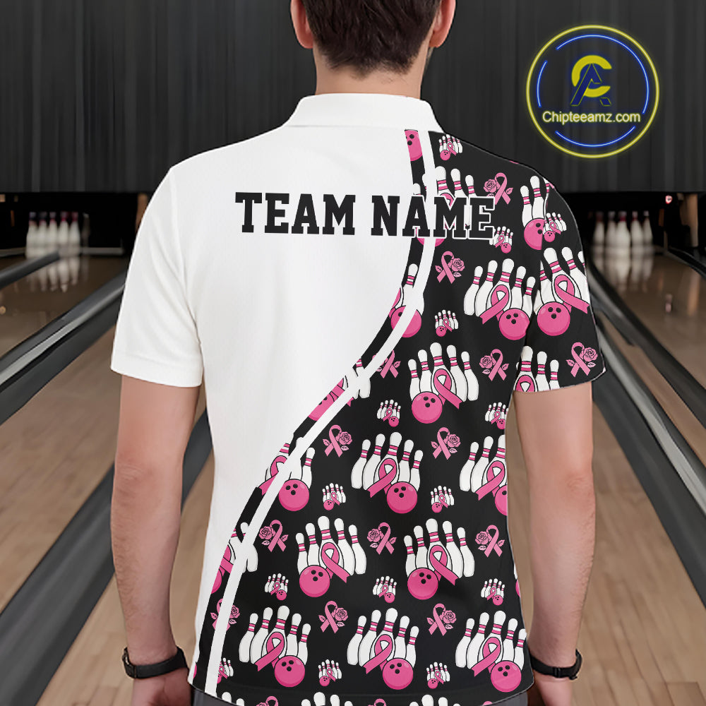Custom Pink Ribbon Breast Cancer Awareness Bowling Men Polo Shirt IPHW11944