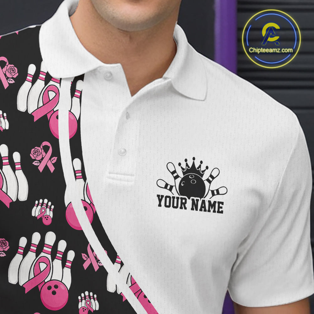 Custom Pink Ribbon Breast Cancer Awareness Bowling Men Polo Shirt IPHW11944