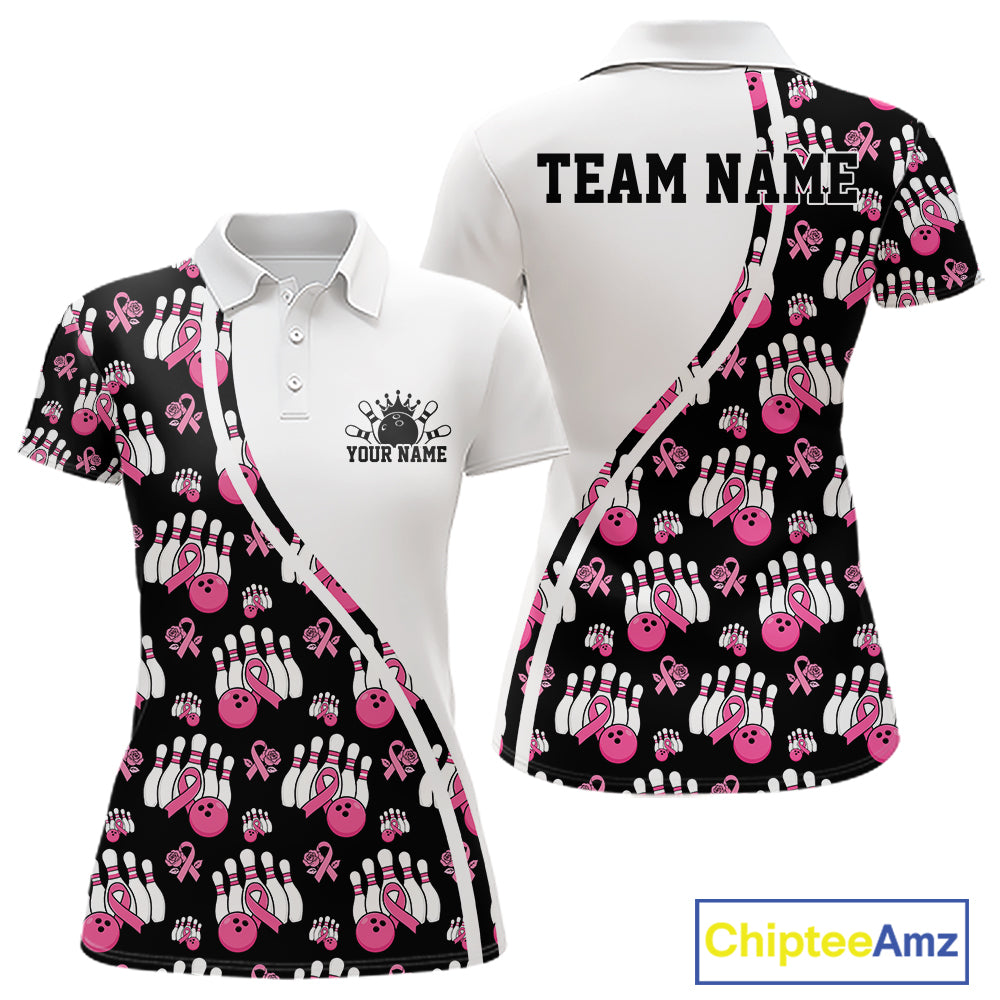 Custom Pink Ribbon Breast Cancer Awareness Bowling Women Polo Shirt IPHW11944