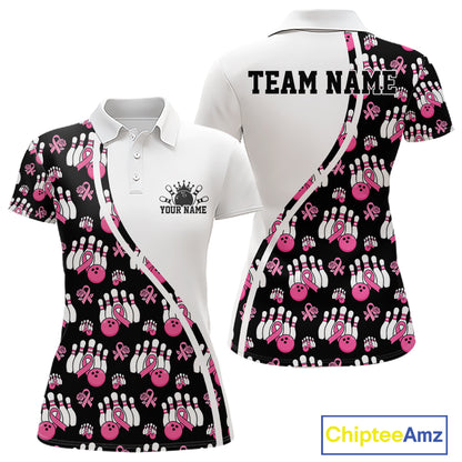 Custom Pink Ribbon Breast Cancer Awareness Bowling Women Polo Shirt IPHW11944
