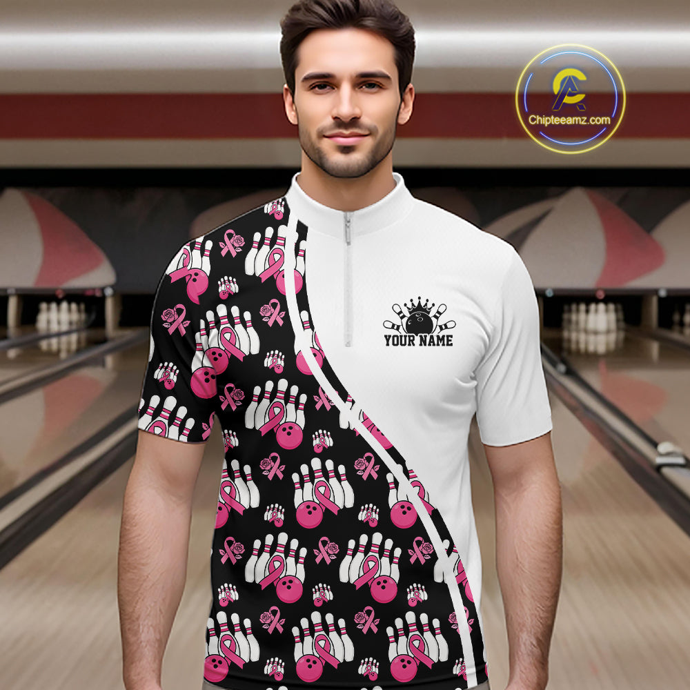 Custom Pink Ribbon Breast Cancer Awareness Bowling Men Quarter Zip Shirt IPHW11944