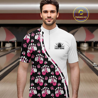 Custom Pink Ribbon Breast Cancer Awareness Bowling Men Quarter Zip Shirt IPHW11944