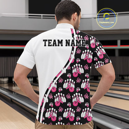 Custom Pink Ribbon Breast Cancer Awareness Bowling Men Quarter Zip Shirt IPHW11944