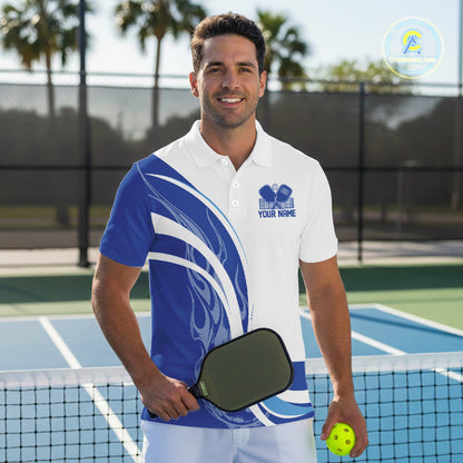 Custom White And Blue Flame Pickleball Tournament Team Uniform Men Polo Shirt IPHW12732